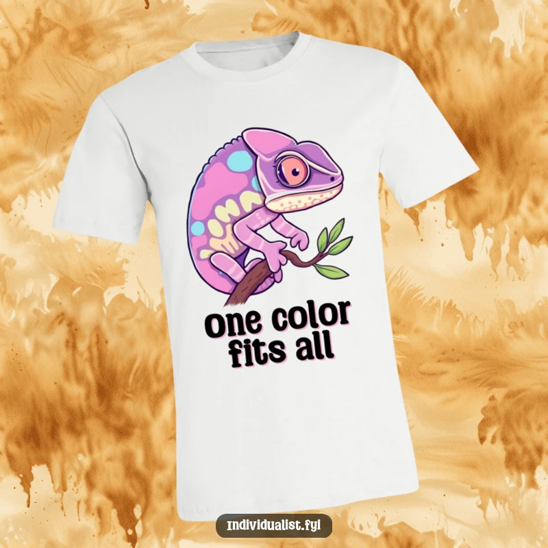 Funny Chameleon T-Shirt: Curious chameleon displaying a single, vibrant color, symbolizing self-expression and humor.
