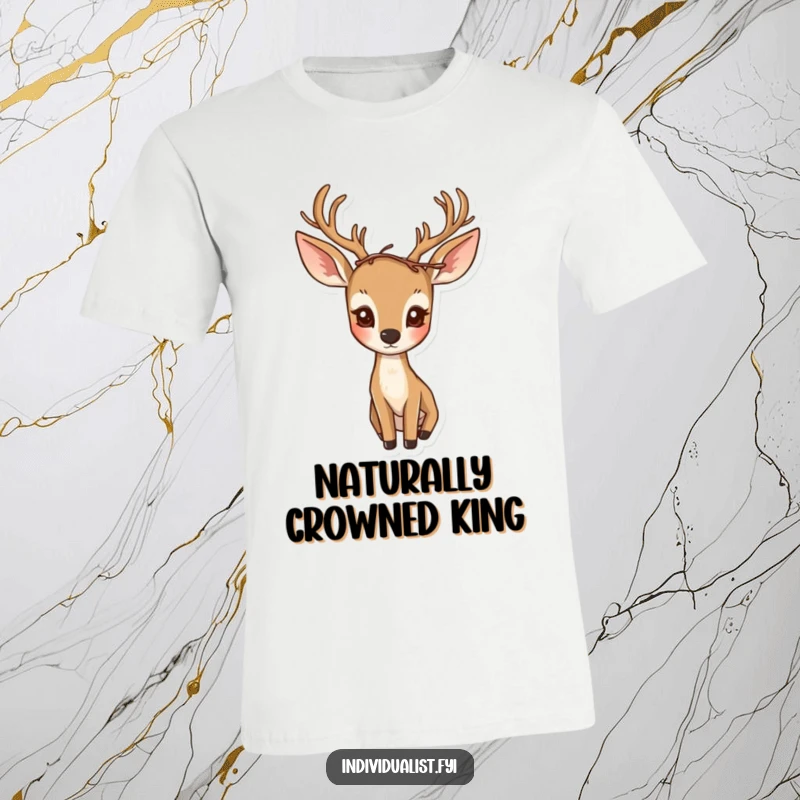 Funny t-shirt of a curious deer sporting a one-of-a-kind, asymmetrical crown crafted from twigs.