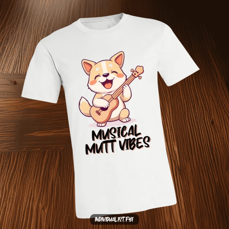 Funny joyful dog character playing a bizarrely shaped musical instrument with great gusto and a wide smile on this t-shirt.