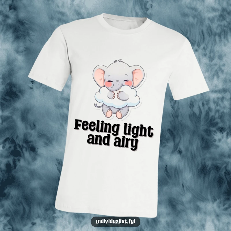 Funny Elephant T-Shirt: A smiling elephant joyfully hugs a fluffy, oddly shaped cloud, showcasing playful charm.