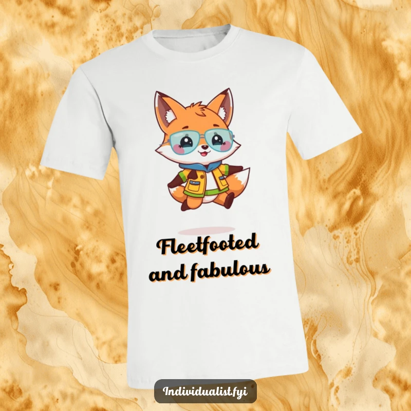 Funny T-shirt depicting a playful fox in a bright, eye-catching outfit doing an energetic little jump with excitement.