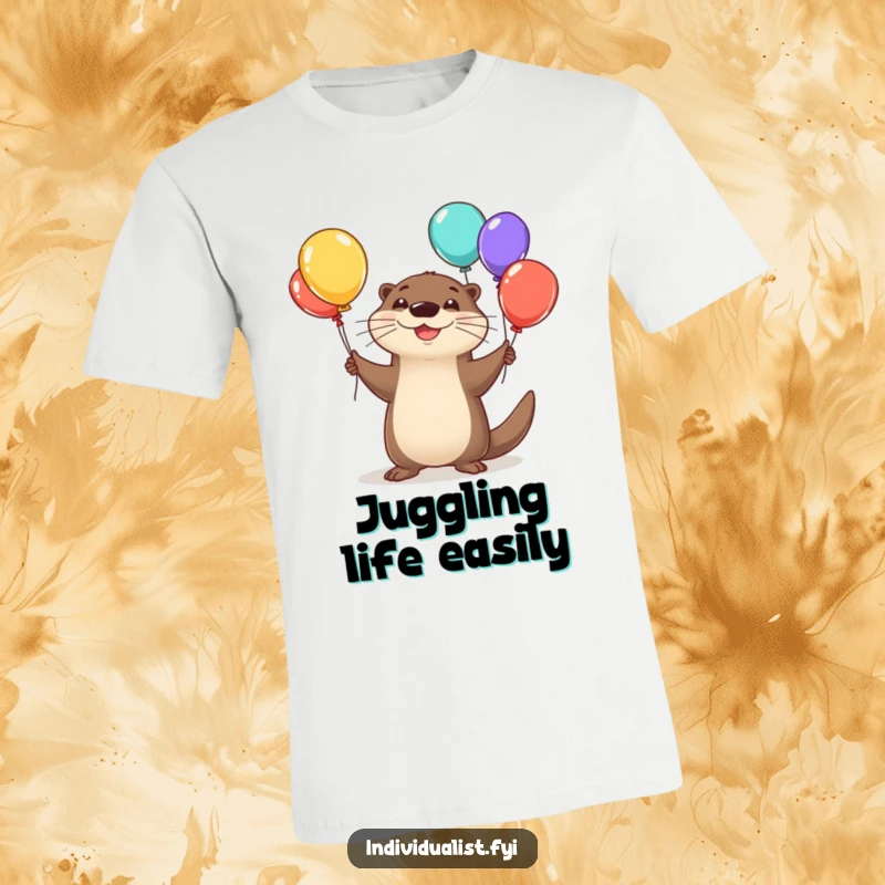 Funny otter t-shirt featuring a grinning, happy otter skillfully juggling brightly colored, oddly shaped balloons.