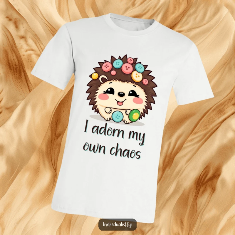 Funny hedgehog t-shirt with a giggling face and adorned with various mismatched buttons, perfect for cute and humorous casual wear.