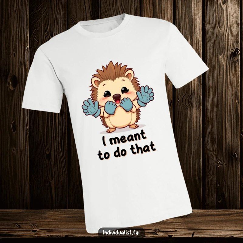 Funny hedgehog t-shirt featuring a cheerful hedgehog proudly displaying a mismatched pair of gloves.