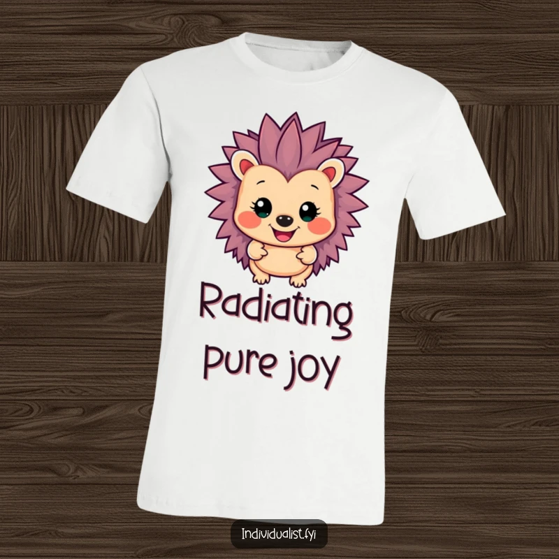 Funny smiling hedgehog with intensely vibrant, multi-colored spiky quills on its back, featured on this fun t-shirt.
