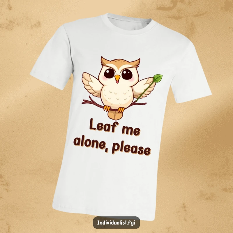 Funny owl flying t-shirt with a happy owl gracefully soaring through the air, holding a distinctive leaf.