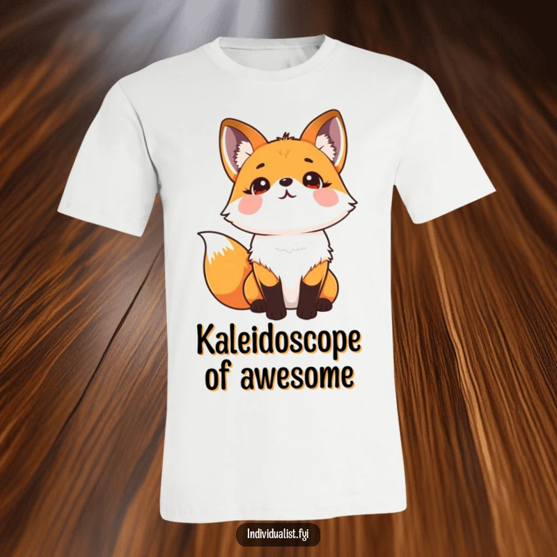 Funny t-shirt showcasing a happy fox with a stunning kaleidoscope fur pattern, looking up with wonder and joy.