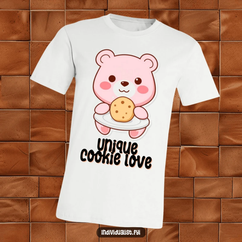 Funny Kawaii bear with a cheerful smile, presenting a unique cookie on a plate, designed on a comfortable t-shirt.