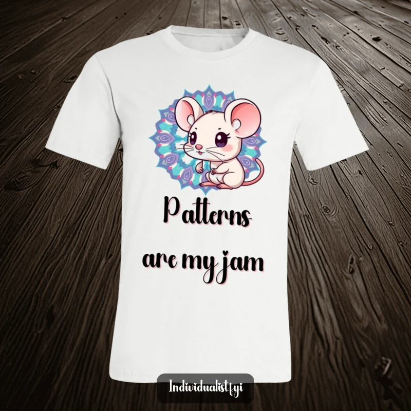 Funny Kawaii mouse looking into a colorful kaleidoscope bursting with unique patterns, expressing wonder and curiosity.