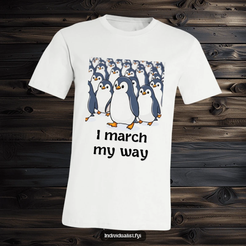 Funny Kawaii penguin purposefully striding against a stream of identical penguins, asserting uniqueness on a t-shirt.