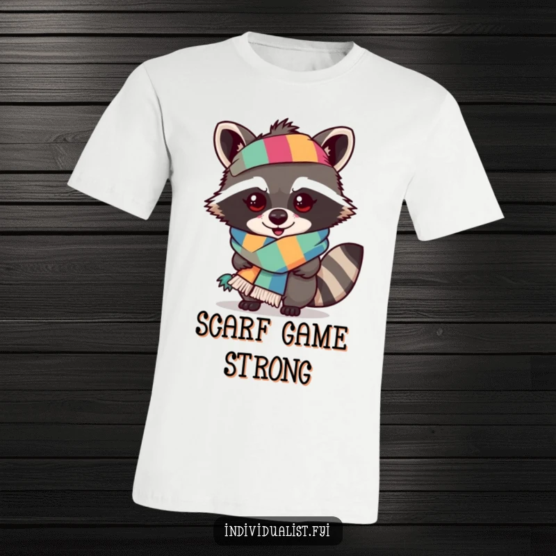 Funny raccoon t-shirt depicting a mischievous raccoon sporting a spectacularly outlandish, vibrantly colored scarf.