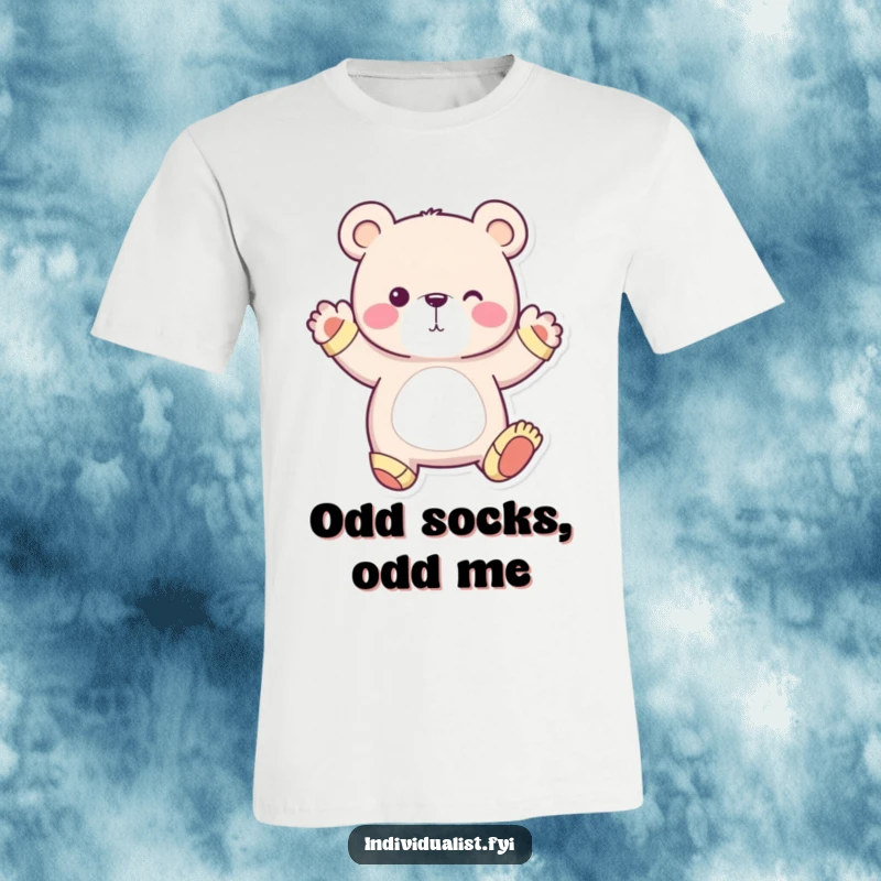 Funny T-shirt design of a whimsical bear wearing mismatched socks, striking a unique pose, celebrating individuality and fun.