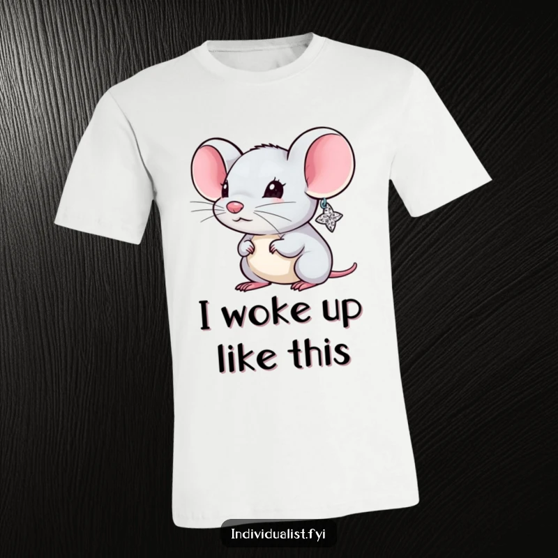 Funny Mouse T-Shirt showcasing a miniature mouse with one exceptionally large and dazzling earring, radiating confidence and playful fashion.