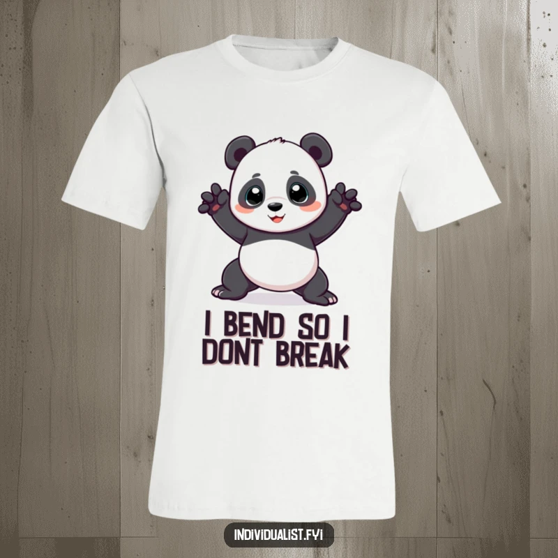 Funny panda t-shirt depicting a playful panda in an unusual, bendy pose, perfect for humorous apparel and as a unique gift.