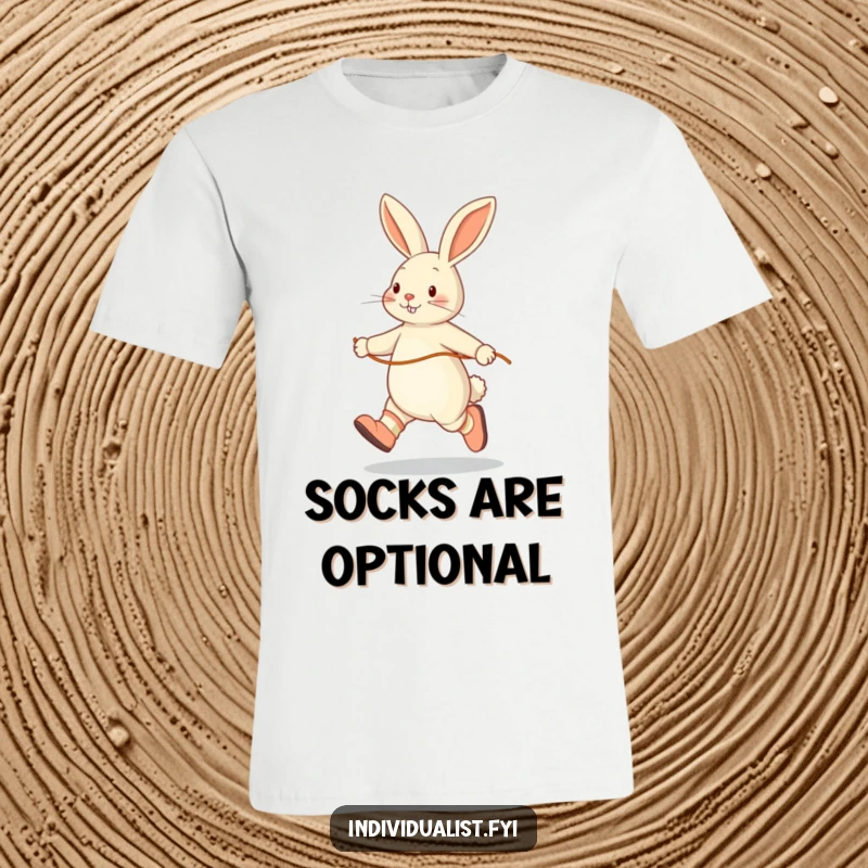Funny t-shirt showing a happy rabbit skipping rope alone, wearing mismatched socks, perfect for exercise and humor lovers.