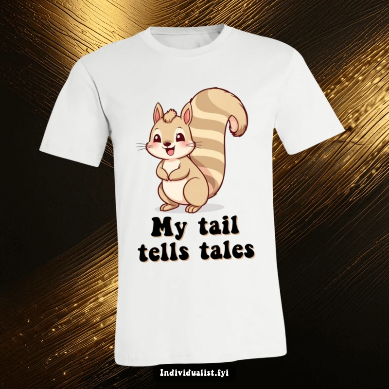 Funny squirrel t-shirt depicting a cheerful squirrel with a remarkably tall, colorful striped tail, ideal for humorous casual wear.