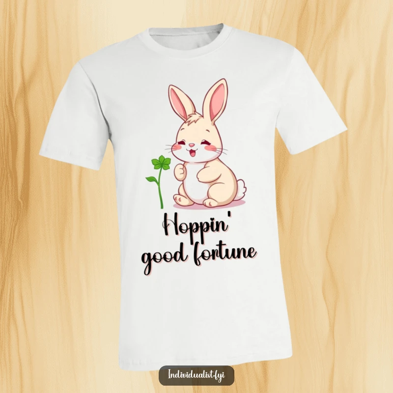 Funny t-shirt with a cheerful rabbit excitedly admiring a distinctively shaped clover, radiating happiness and luck.
