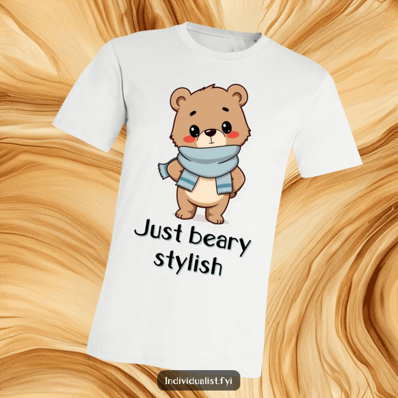 Funny T-shirt featuring a confident bear cub sporting a stylish scarf and striking a cool, fashionable pose with a smile.