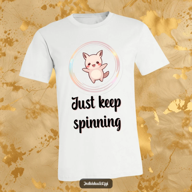 Funny t-shirt with a happy, odd-shaped creature twirling ecstatically, creating a magical, shimmering effect. A truly joyful and funny statement.