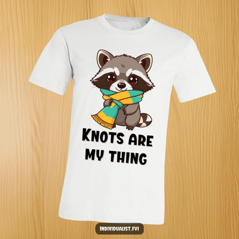 Funny Raccoon T-Shirt depicting a charming, masked creature wearing a vibrant scarf knotted in a decidedly odd yet stylish manner.