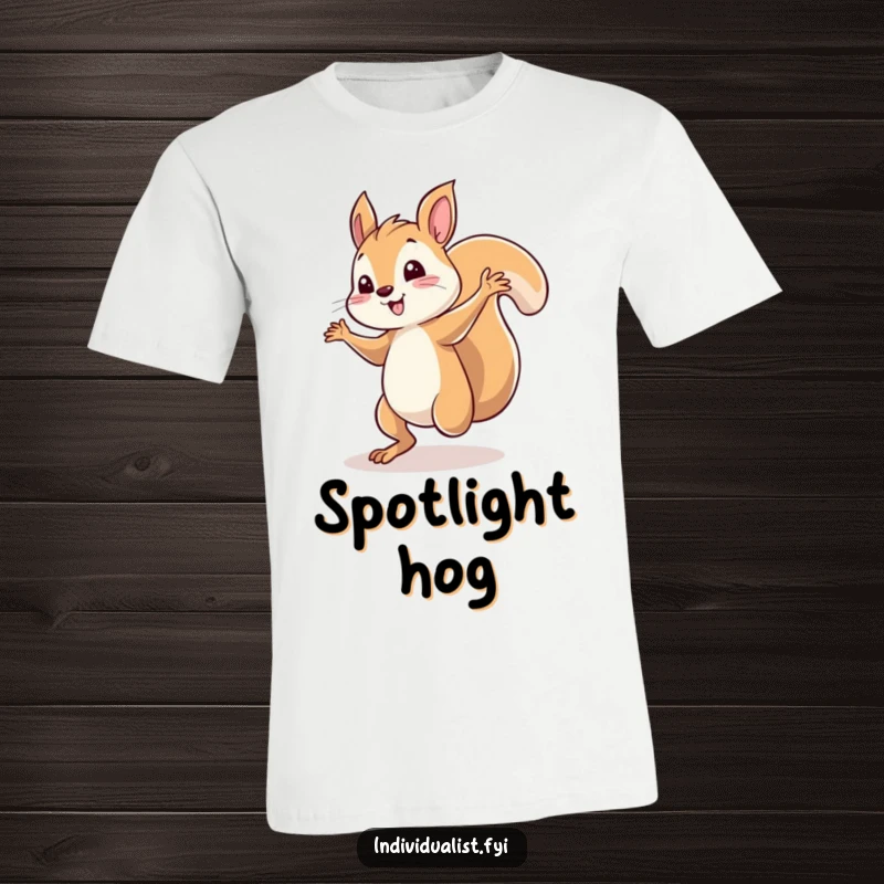 Funny squirrel t-shirt showcasing a whimsical character dancing energetically solo under a spotlight effect. A humorous and joyful statement piece.