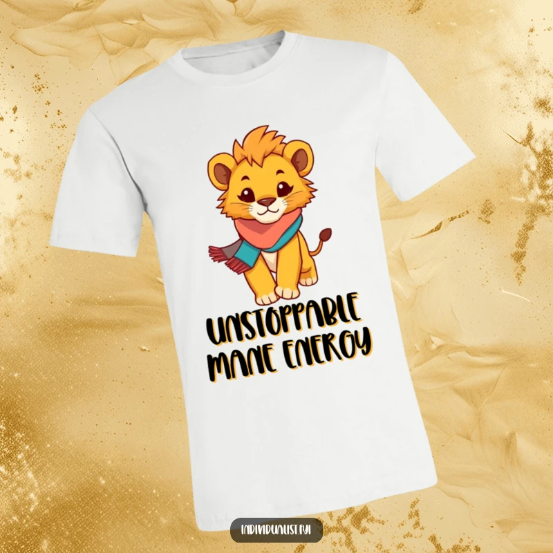 Funny Lion Cub T-Shirt: Confident cub in a vibrant scarf marches forward with determination and class.