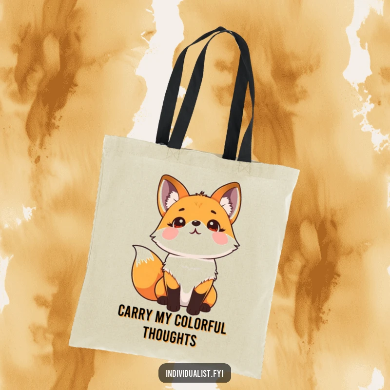 Funny tote bag featuring a cheerful fox with a spectacular kaleidoscope fur pattern, looking skyward with pure happiness.