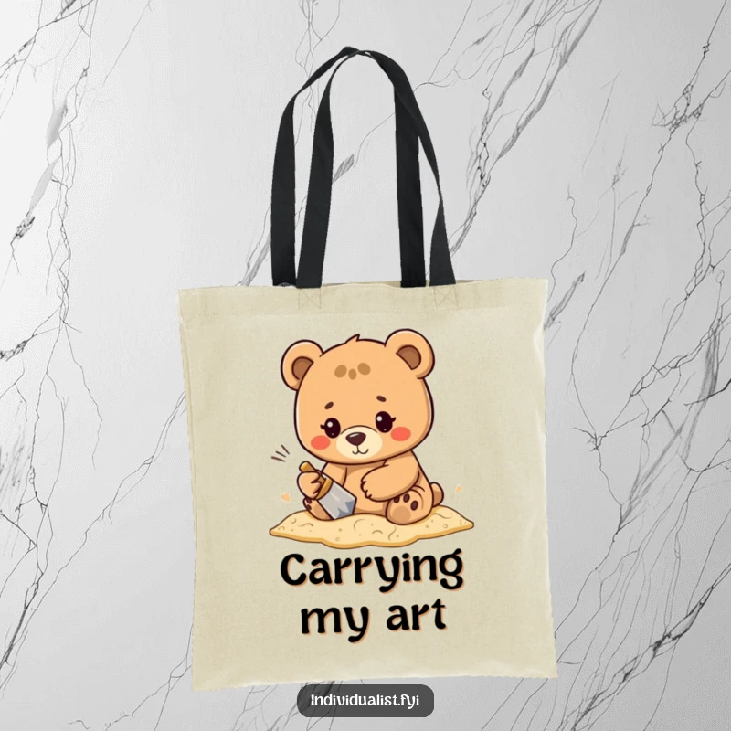 Funny determined bear character focused on forging a beautiful, unique pattern in the sand on this durable tote bag.