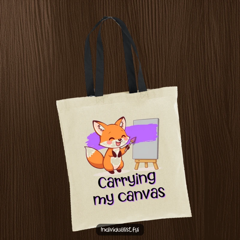 Funny tote bag showing a joyful fox painting a bright purple stripe on a grey canvas, practical and visually appealing.