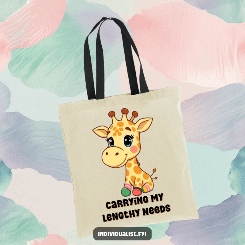 Funny Giraffe Tote Bag: Happy giraffe wearing mismatched colorful socks, a functional and funny accessory.