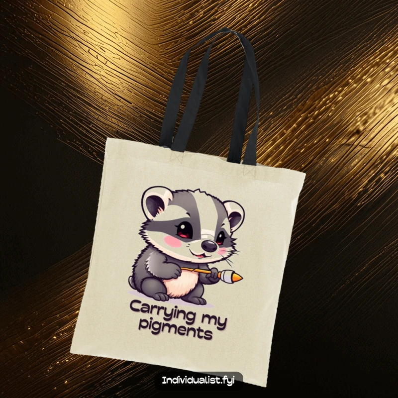 Funny badger joyfully painting with vibrant, non-traditional colors, printed on a durable tote bag, a practical and artistic accessory.