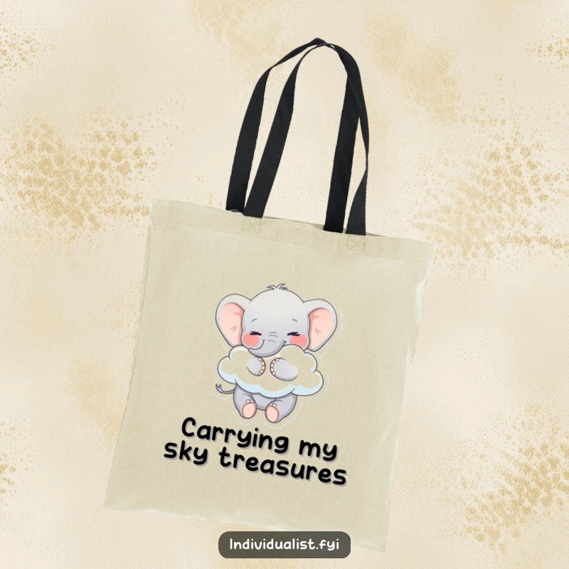 Funny Elephant Tote Bag: Playful elephant smiling and hugging a cloud, a whimsical and functional accessory.