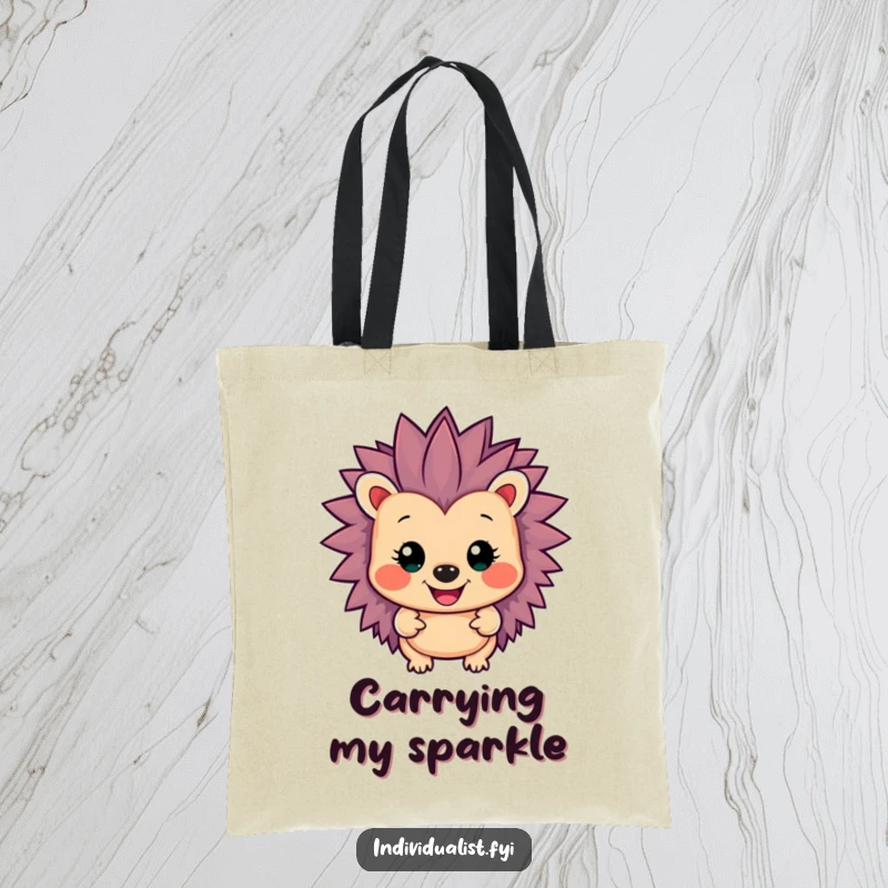 Funny smiling hedgehog character with unusually vibrant, multi-colored spiky quills on its back, featured on this stylish tote bag.