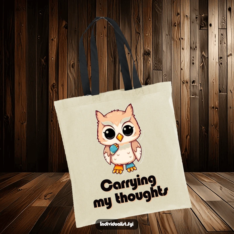 Funny tote bag with a unique owl wearing a thoughtful expression and one mismatched sock, ideal for book lovers and thinkers.