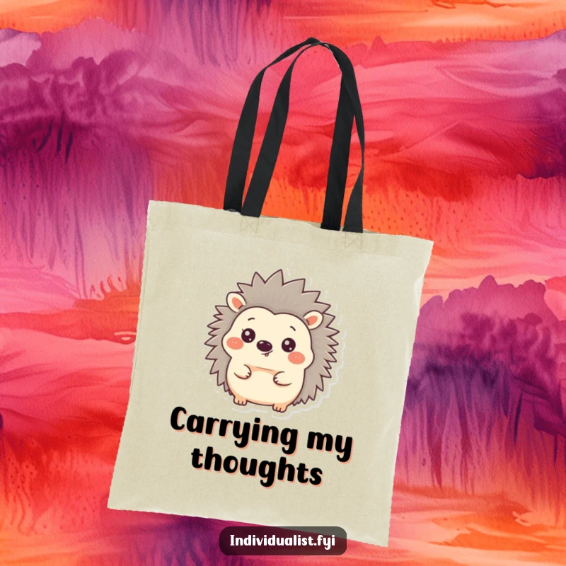 Funny Hedgehog Tote Bag showing a happy, spiky friend with one ear held high in a comical, alert pose.