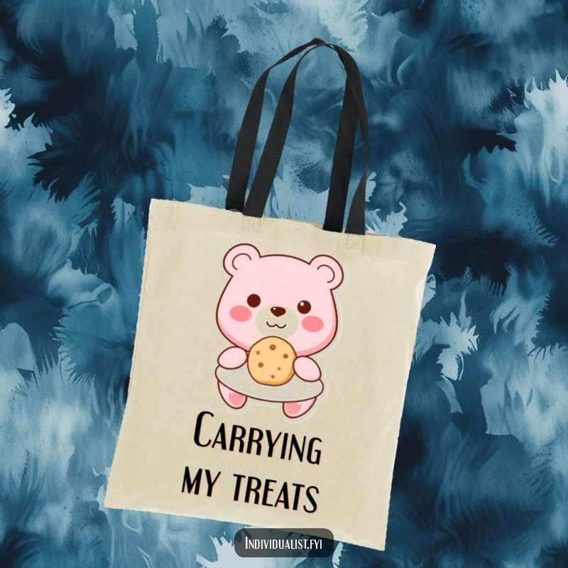 Funny Kawaii bear smiling and offering a unique cookie on a plate, featured on a practical and charming tote bag.