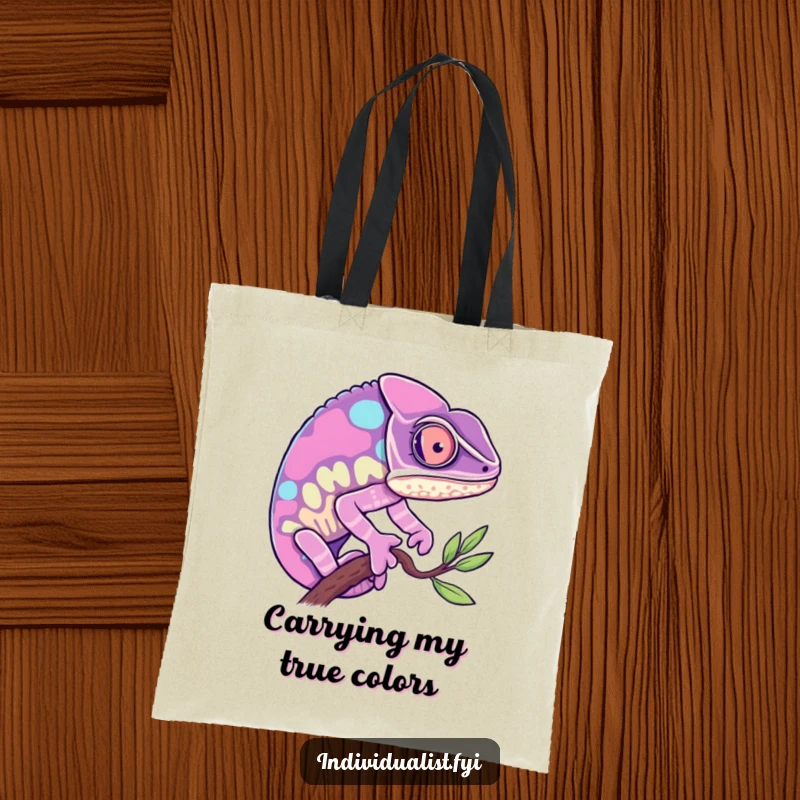 Funny Chameleon Tote Bag: Curious chameleon changing to a vibrant hue, a stylish and functional accessory.