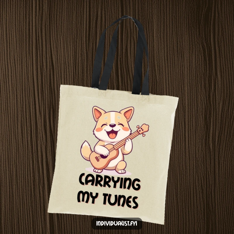 Funny joyful dog character playing a strange-shaped musical instrument with a happy expression on this vibrant tote bag.
