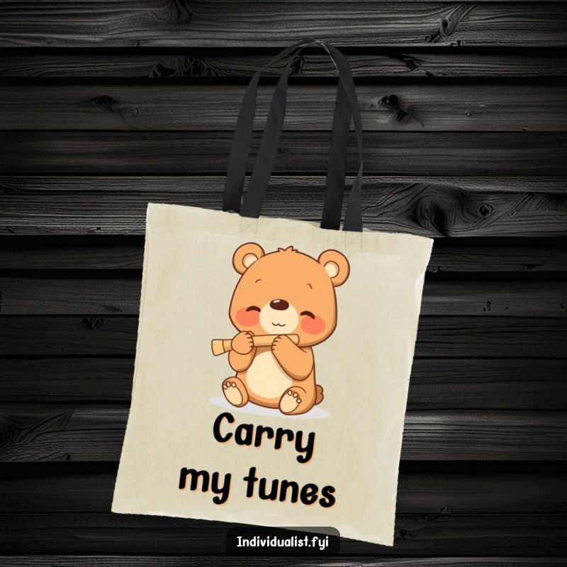 Funny tote bag with a happy bear cub playing a tiny flute, perfect for carrying music notes or daily items.
