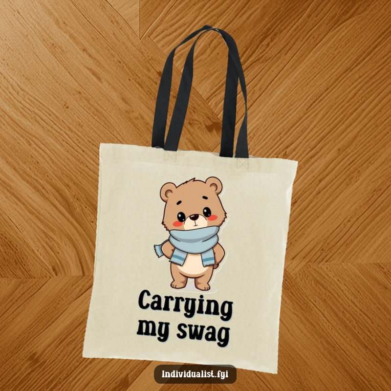 Funny tote bag featuring a confident bear cub wearing a stylish scarf and striking a pose, ideal for fashionable shoppers.