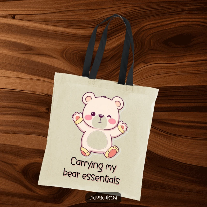 Funny reusable tote bag featuring a whimsical bear wearing mismatched socks, striking a unique pose, perfect for quirky individuals.
