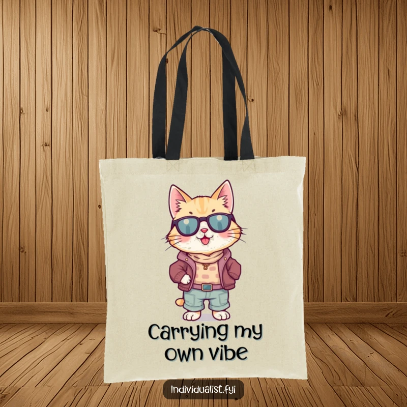 Funny Cat Tote Bag: A happy cat in a stylishly mismatched outfit, ready to carry your belongings with humor.