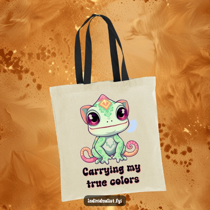 Funny chameleon tote bag showcasing a curious chameleon changing into a wildly unexpected, vibrant pattern.
