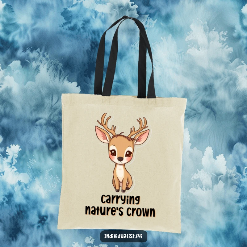 Funny tote bag featuring a curious deer wearing an asymmetrical crown made of twigs, exuding gentle wonder.
