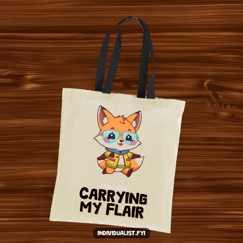 Funny tote bag with a playful fox in a bright outfit doing a lively jump, ideal for shoppers and adventure lovers.