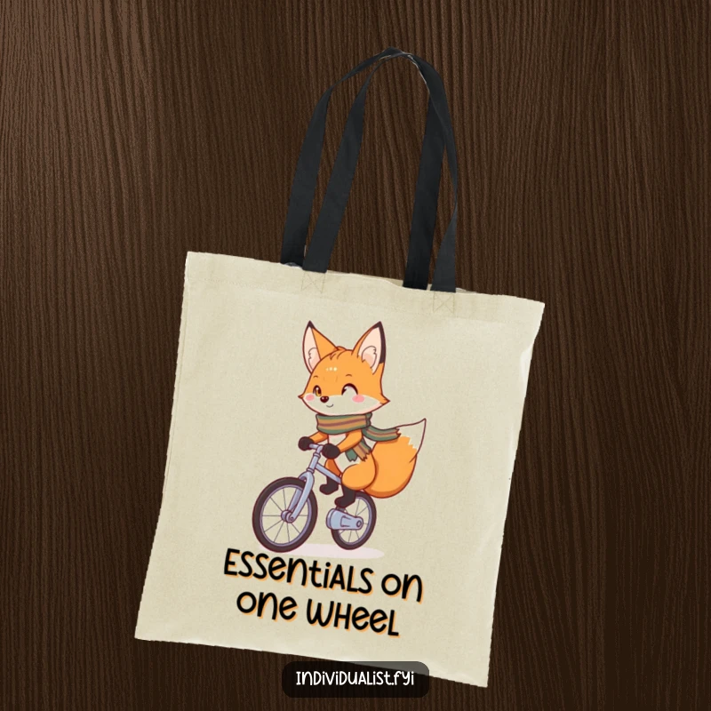 Funny Tote Bag featuring a charming fox with a bright scarf confidently riding a unicycle, perfect for carrying essentials with a playful twist.