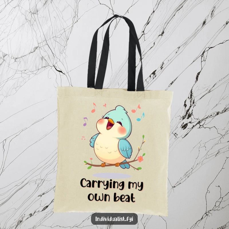 Funny tote bag featuring a happy bird singing a unique melody, accented with musical notes, embodying cheerful spirit.