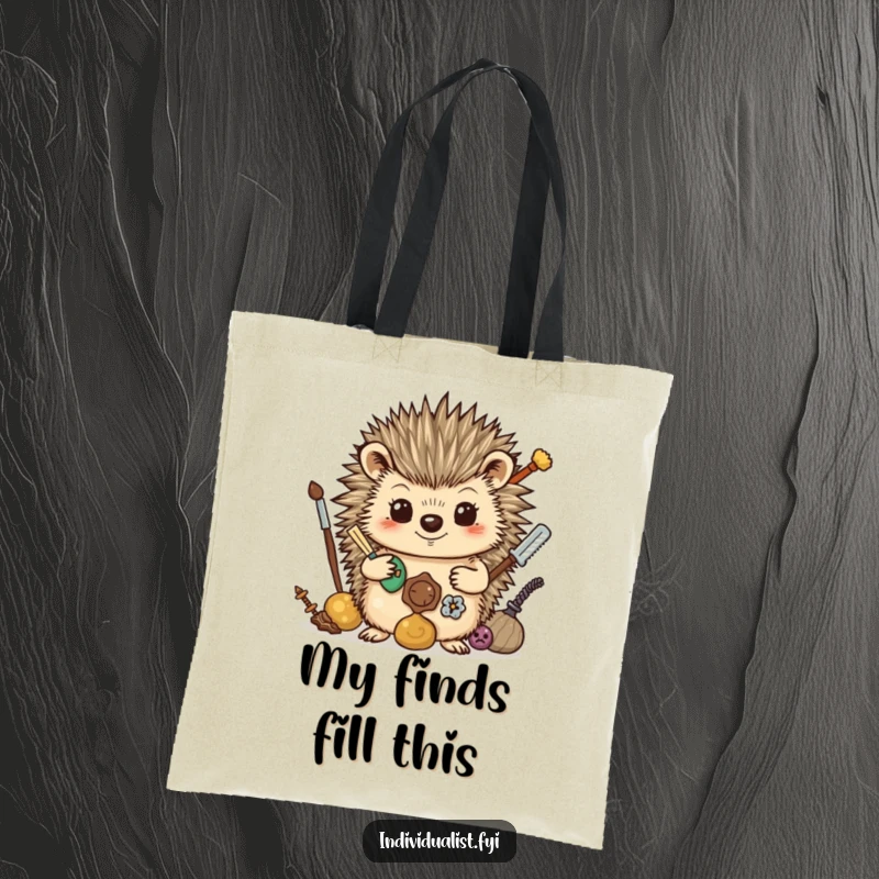 Funny Tote Bag: A proud hedgehog showcases a curated collection of oddities, making it a charming accessory for treasure hunters.