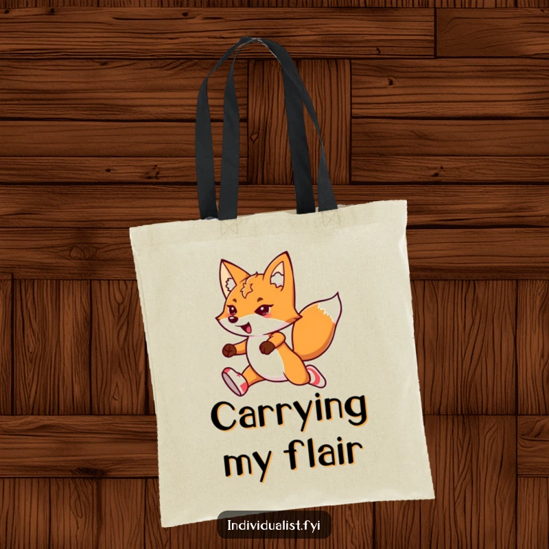 Funny kawaii fox tote bag, featuring a determined fox in mismatched socks, leaping energetically with noticeable flair.