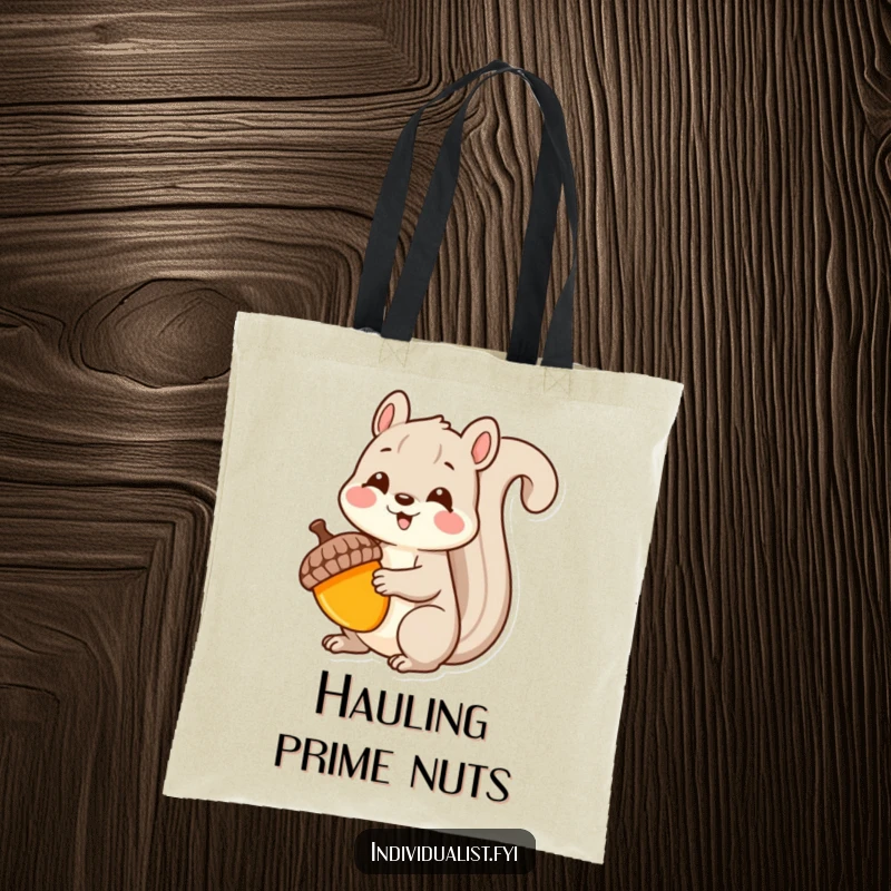 Funny Kawaii squirrel tote bag, showing a delighted squirrel holding a brightly colored, unique acorn, perfect for shopping.